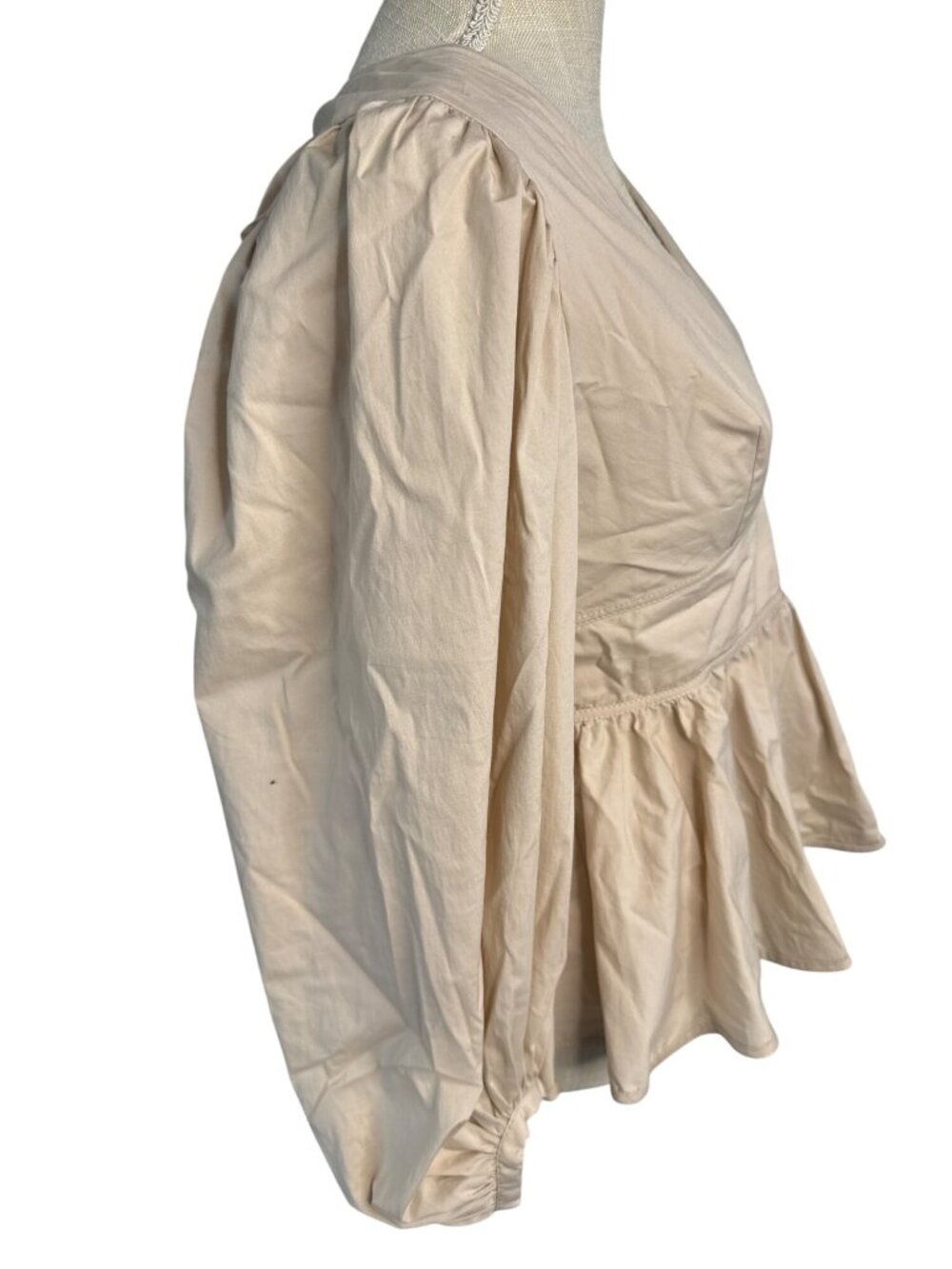 Staud Beige Peplum Blouse With Puff Sleeves & V-Neckline Size S - Picture 2 of 12